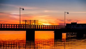 Preview wallpaper bridge, construction, water, sunset, dark