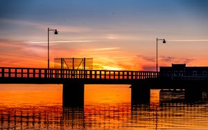 Preview wallpaper bridge, construction, water, sunset, dark