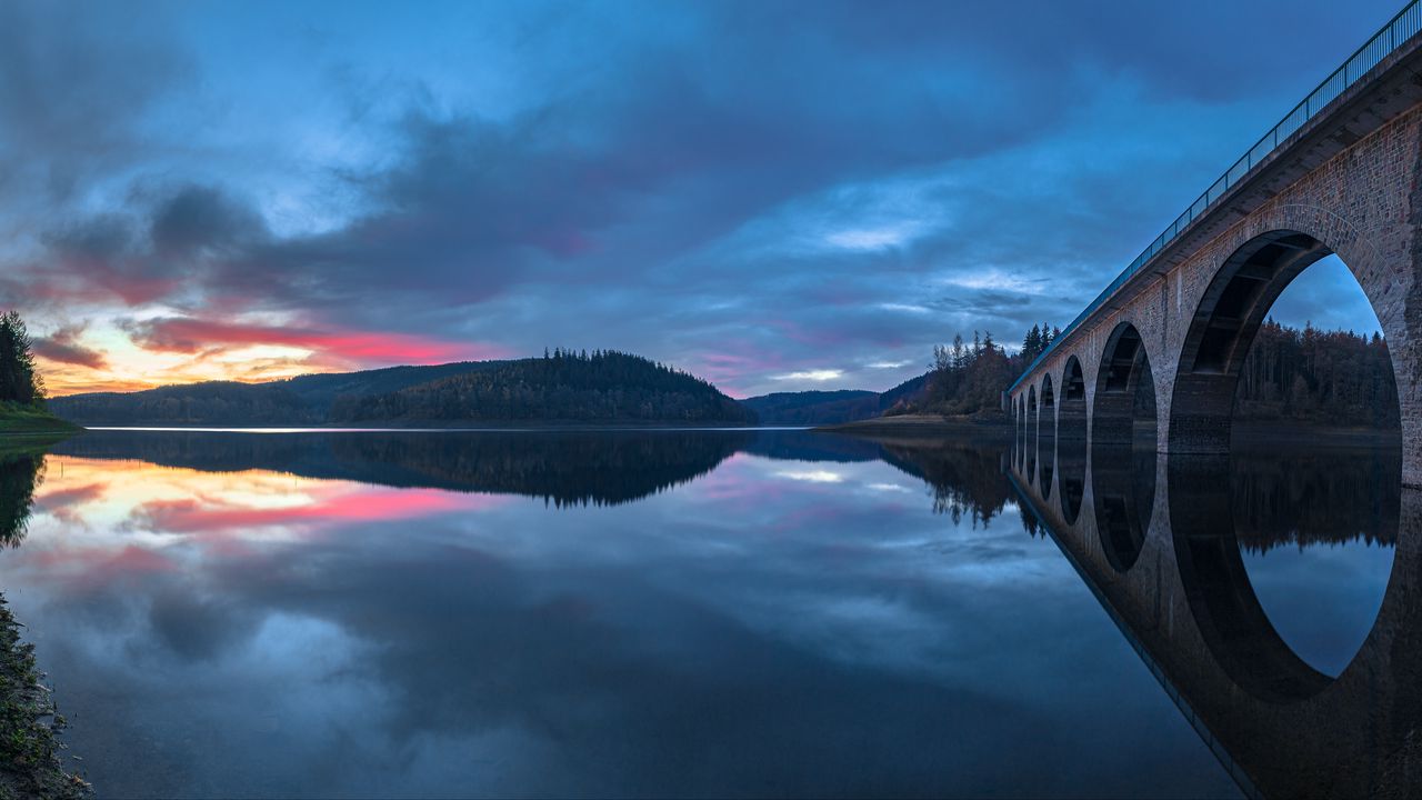 Wallpaper bridge, construction, water, reflection, twilight