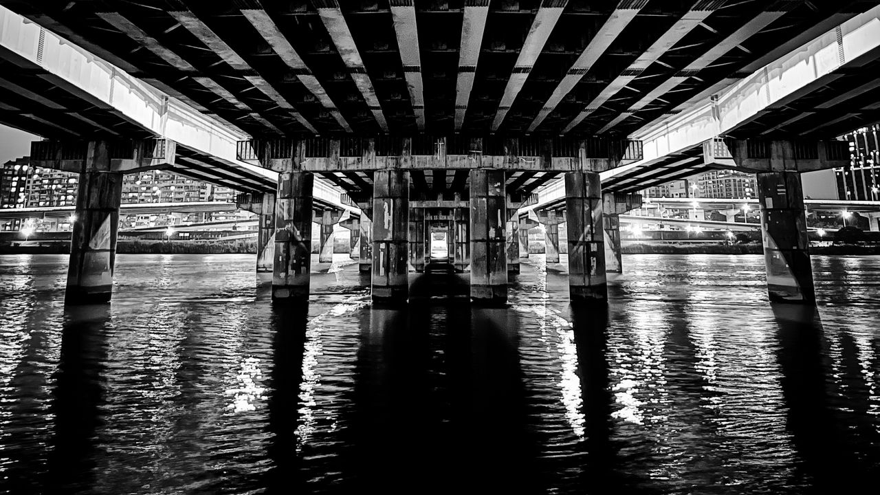 Wallpaper bridge, construction, water, black and white, dark