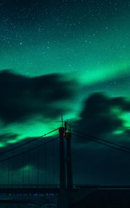 Preview wallpaper bridge, dark, northern lights, clouds, night