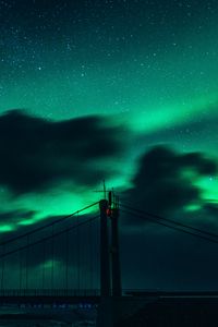 Preview wallpaper bridge, dark, northern lights, clouds, night