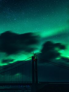 Preview wallpaper bridge, dark, northern lights, clouds, night