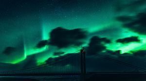 Preview wallpaper bridge, dark, northern lights, clouds, night