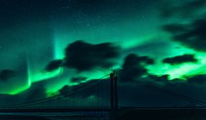 Preview wallpaper bridge, dark, northern lights, clouds, night