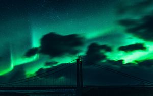 Preview wallpaper bridge, dark, northern lights, clouds, night