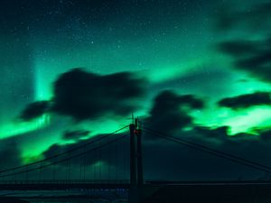 Preview wallpaper bridge, dark, northern lights, clouds, night