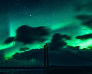 Preview wallpaper bridge, dark, northern lights, clouds, night