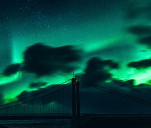 Preview wallpaper bridge, dark, northern lights, clouds, night