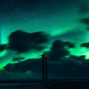 Preview wallpaper bridge, dark, northern lights, clouds, night