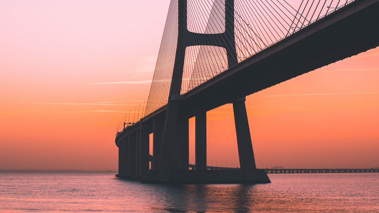 Wallpaper bridge, dawn, sea, lisbon, portugal