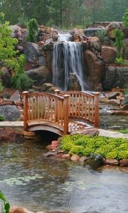 Preview wallpaper bridge, falls, garden, rain, path