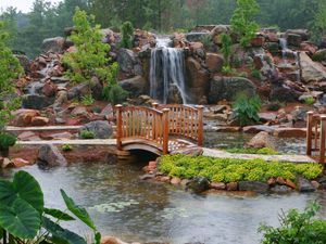 Preview wallpaper bridge, falls, garden, rain, path