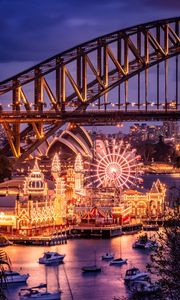 Preview wallpaper bridge, ferris wheel, buildings, lights, city, holiday