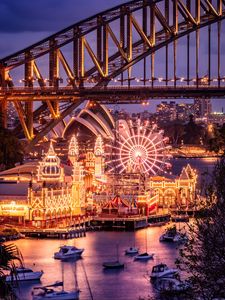 Preview wallpaper bridge, ferris wheel, buildings, lights, city, holiday