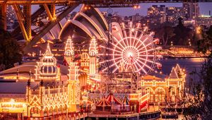 Preview wallpaper bridge, ferris wheel, buildings, lights, city, holiday