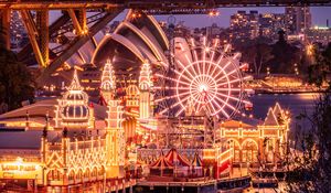 Preview wallpaper bridge, ferris wheel, buildings, lights, city, holiday
