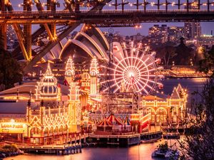 Preview wallpaper bridge, ferris wheel, buildings, lights, city, holiday