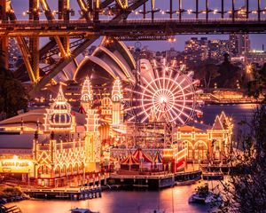 Preview wallpaper bridge, ferris wheel, buildings, lights, city, holiday