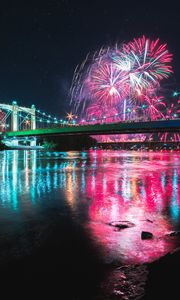 Preview wallpaper bridge, fireworks, night, reflection, lights
