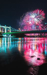 Preview wallpaper bridge, fireworks, night, reflection, lights
