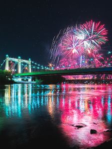Preview wallpaper bridge, fireworks, night, reflection, lights