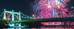 Preview wallpaper bridge, fireworks, night, reflection, lights