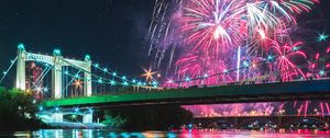Preview wallpaper bridge, fireworks, night, reflection, lights