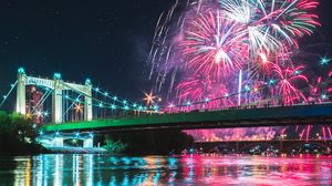 Preview wallpaper bridge, fireworks, night, reflection, lights