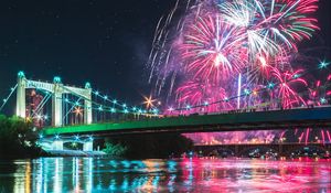 Preview wallpaper bridge, fireworks, night, reflection, lights