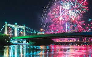 Preview wallpaper bridge, fireworks, night, reflection, lights