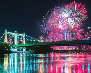 Preview wallpaper bridge, fireworks, night, reflection, lights