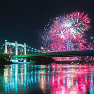 Preview wallpaper bridge, fireworks, night, reflection, lights
