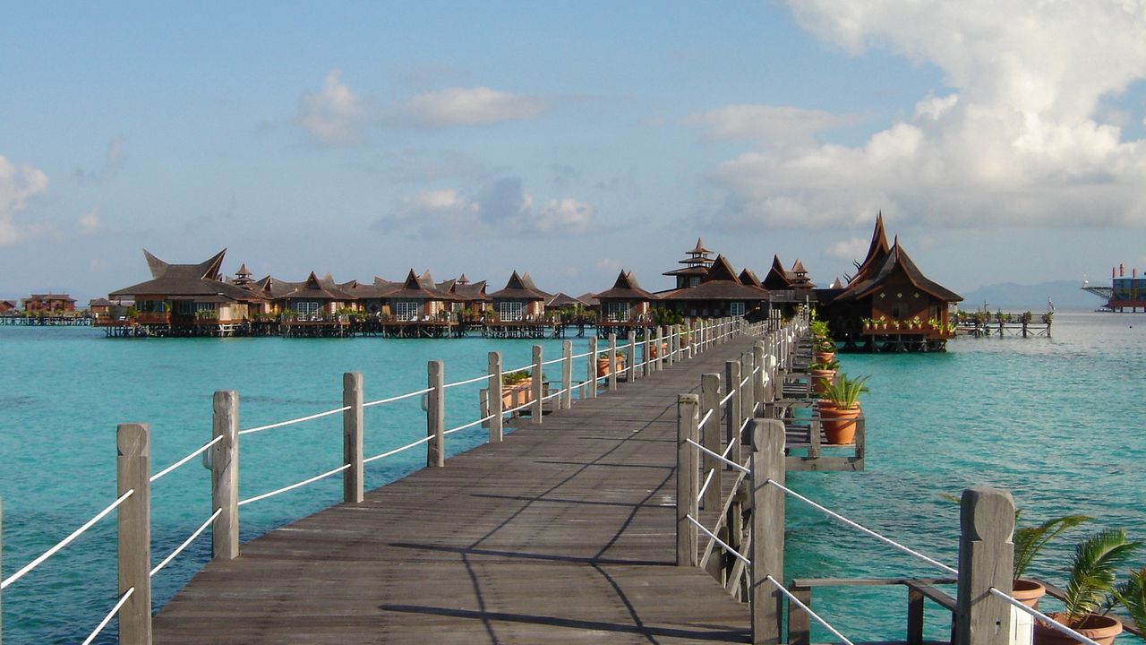 Wallpaper bridge, flowers, bungalow, blue water, resort, lodges