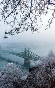 Preview wallpaper bridge, fog, aerial view, branches, frost, snow, winter, budapest, hungary