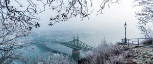Preview wallpaper bridge, fog, aerial view, branches, frost, snow, winter, budapest, hungary