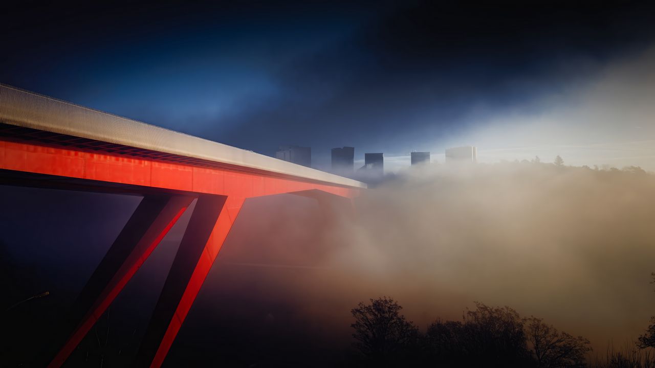 Wallpaper bridge, fog, buildings, city