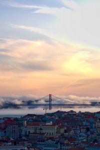 Preview wallpaper bridge, fog, buildings, houses, city