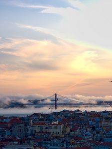 Preview wallpaper bridge, fog, buildings, houses, city