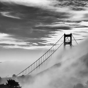 Preview wallpaper bridge, fog, bushes, clouds, nature, black and white