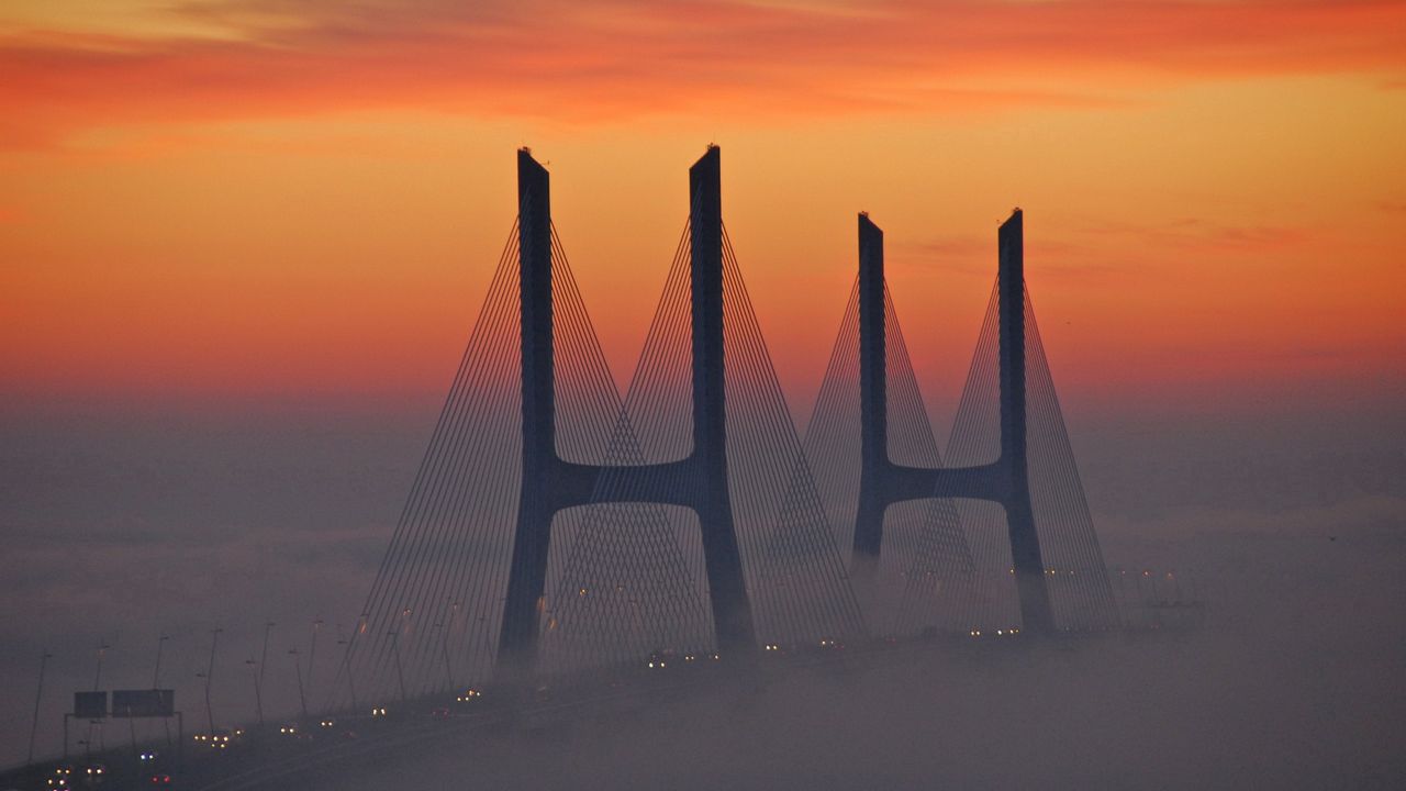 Wallpaper bridge, fog, light, sky