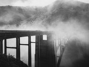 Preview wallpaper bridge, fog, mountains, slopes, black and white