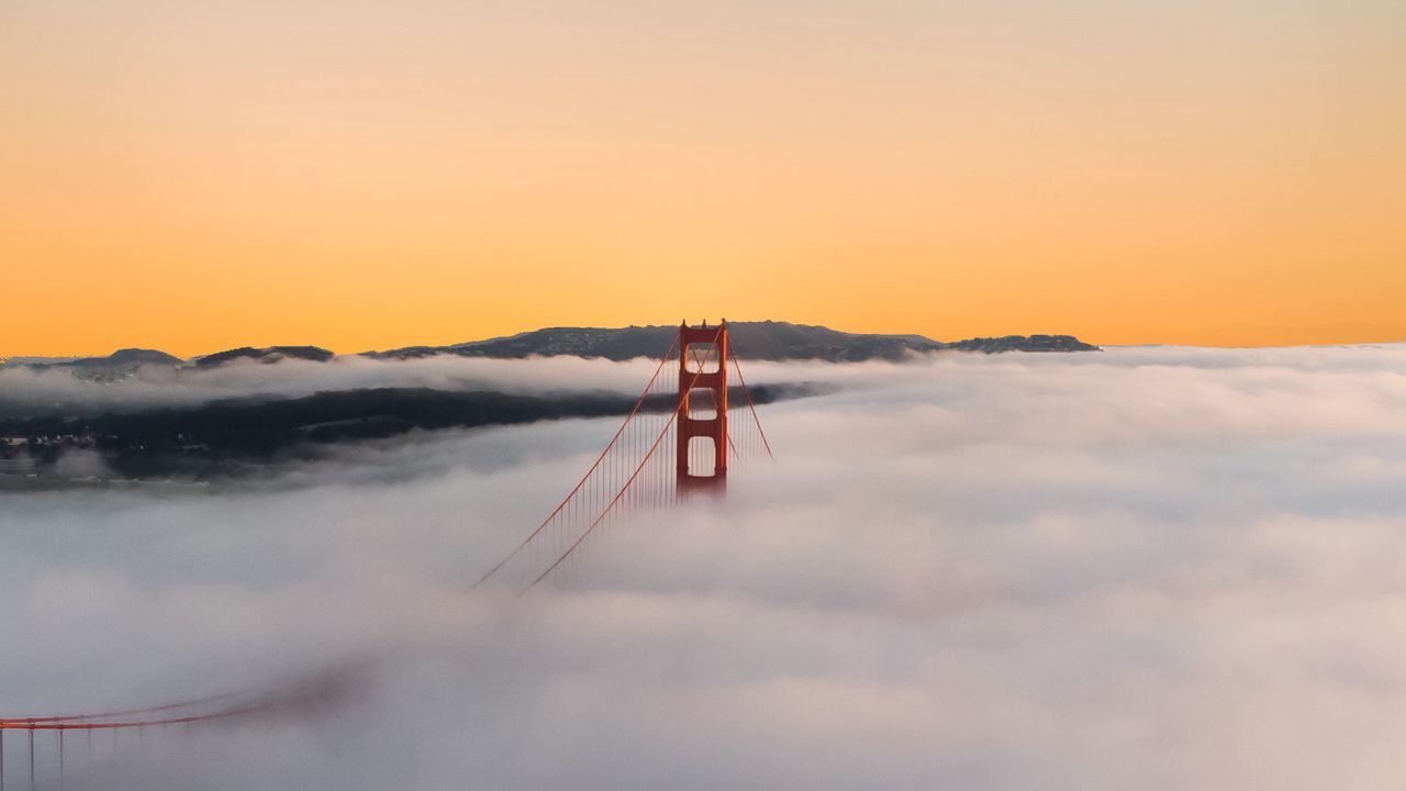 Wallpaper bridge, fog, mountains, clouds