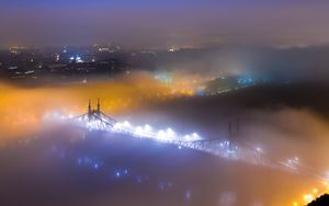 Preview wallpaper bridge, fog, night city, aerial view, budapest, hungary