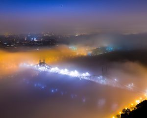Preview wallpaper bridge, fog, night city, aerial view, budapest, hungary