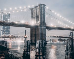 Preview wallpaper bridge, fog, night city, city lights, backlight