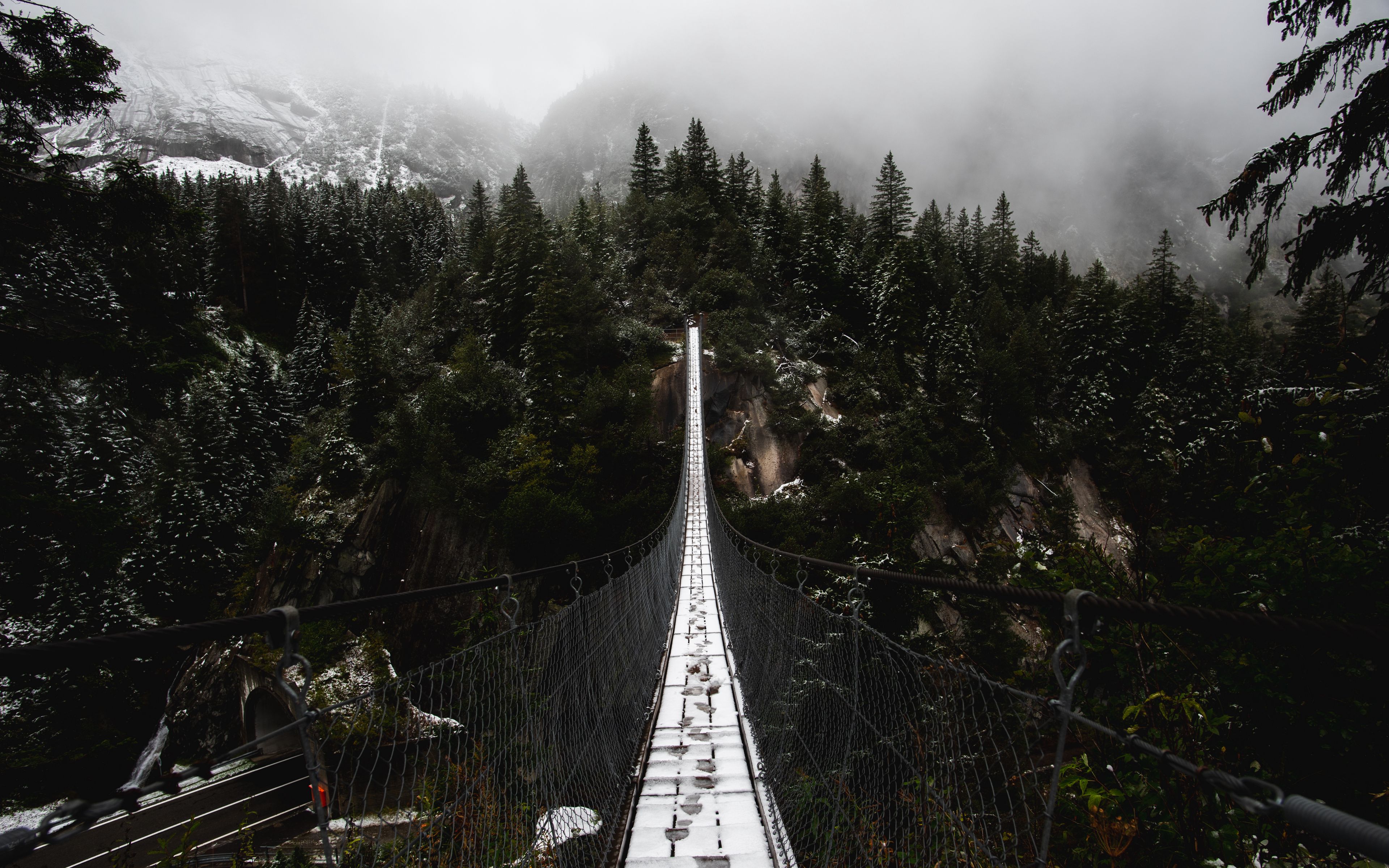 3840x2400 Wallpaper bridge, forest, fog, nature