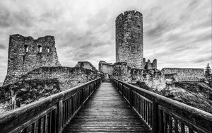 Preview wallpaper bridge, fortress, ruins, black and white