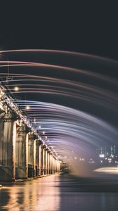 Preview wallpaper bridge, fountain, backlight, river, night, architecture