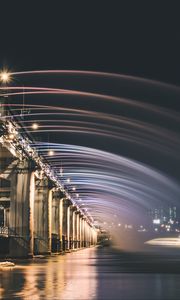 Preview wallpaper bridge, fountain, backlight, river, night, architecture